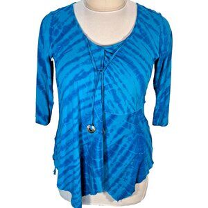 Zen Knits Tunic Top Women's XL Blue Turquoise Tie Dye Seashell Tassel V-Neck